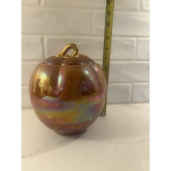 Vtg Fall Pumpkin Canister Orange Lusterware Iridescent Gold Lid Stem Cookie Jar - Picture 11 of 12